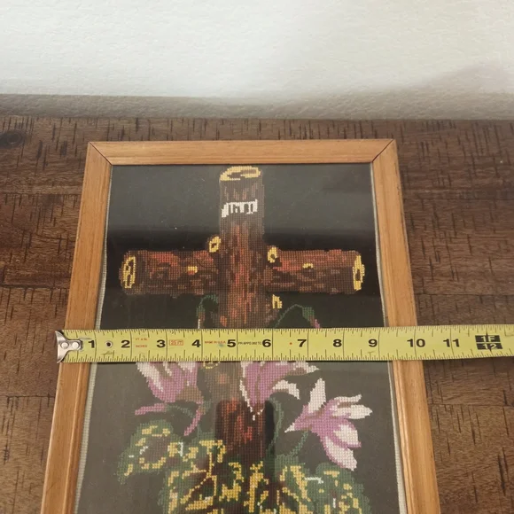 Vintage FramedNeedlepoint Needlework INRI Religious Cross Crucifix Flowers